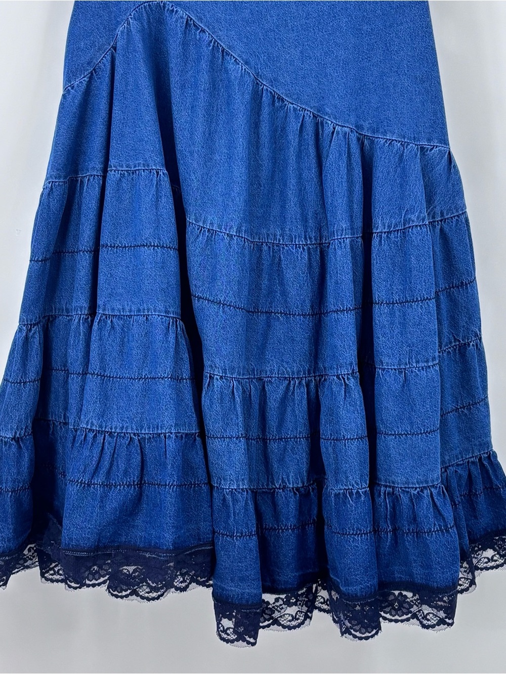 Mix nouveau Layered Denim western boho prairie tiered Maxi Skirt Sz Med lace - Picture 4 of 9